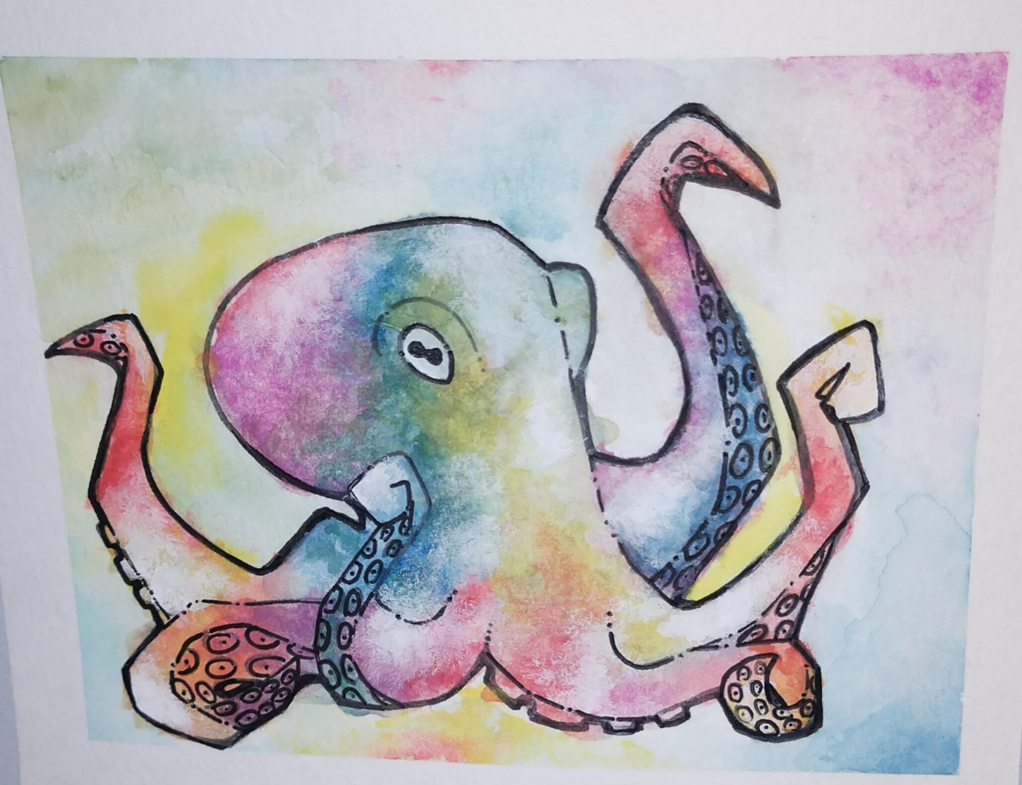 A hand-painted watercolour painting of an octopus in a vivid tie-dye pop art-inspired style. The octopus has bold line work and sharp angles, while also having a soft, bright blending of reds, blues, yellow, and purple. It sits against a similar background