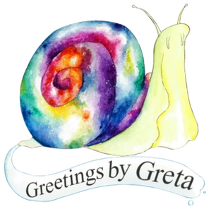 Greetings by Greta's Logo - William the Snail. He is a hand-painted watercolor piece, a snail with a pale lime-green body and a vibrant multicoloured tie-dye style shell. Underneath him is a long swoosh of snail slime with "Greetings by Greta" typed out.